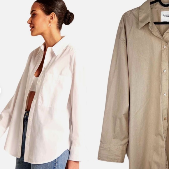 Abercrombie & Fitch Oversized Poplin Button-Up Shirt Size XXS Soft Camel - Picture 1 of 6